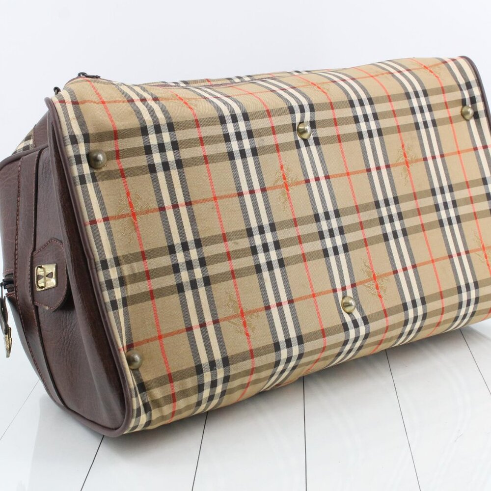 Burberry Tan Plaid Canvas and Brown Leather Duffel Bag - Picture 4 of 7